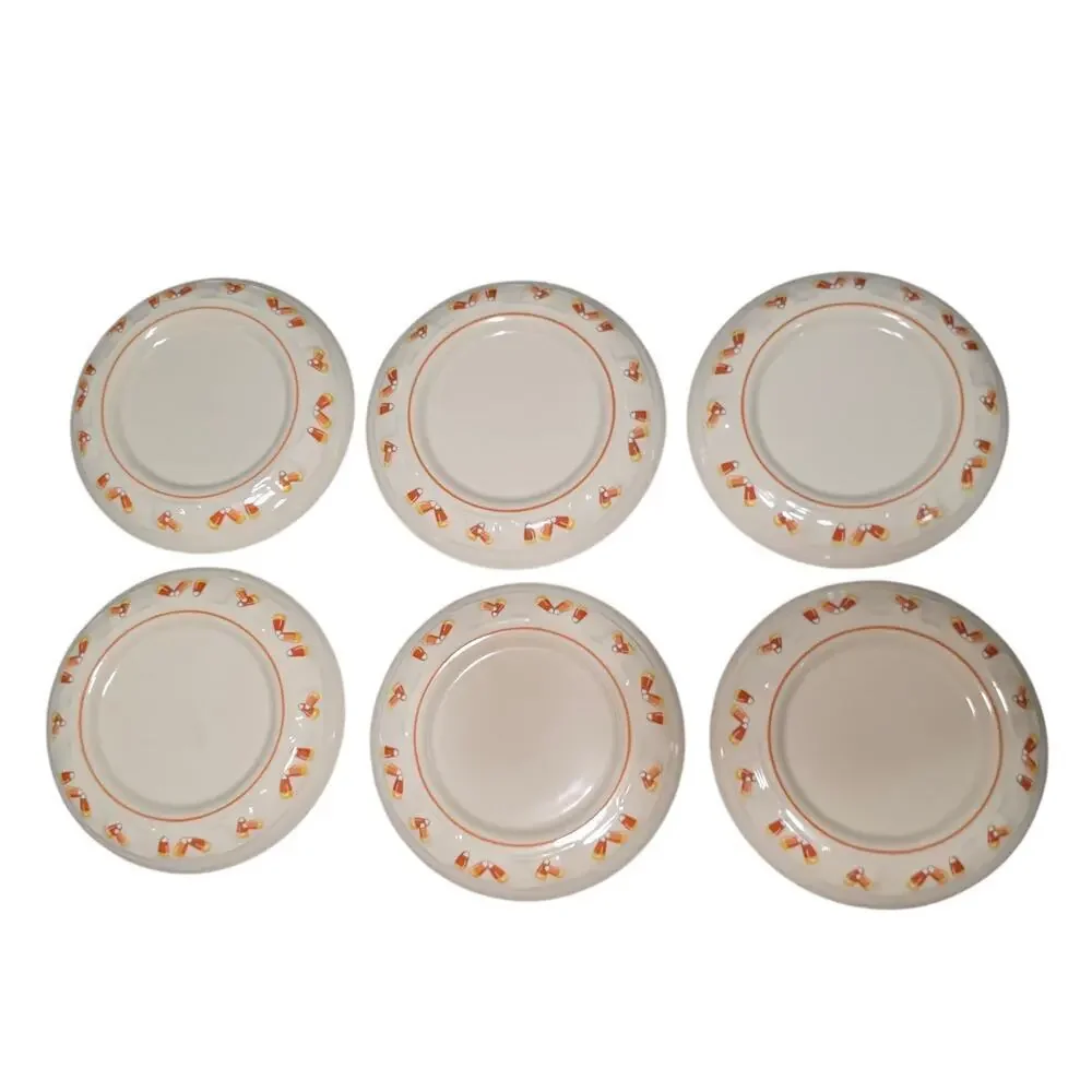 6 x Berger Pottery Longaberger Oven Safe Plate Candy Corn Trim Dish USA Made Set